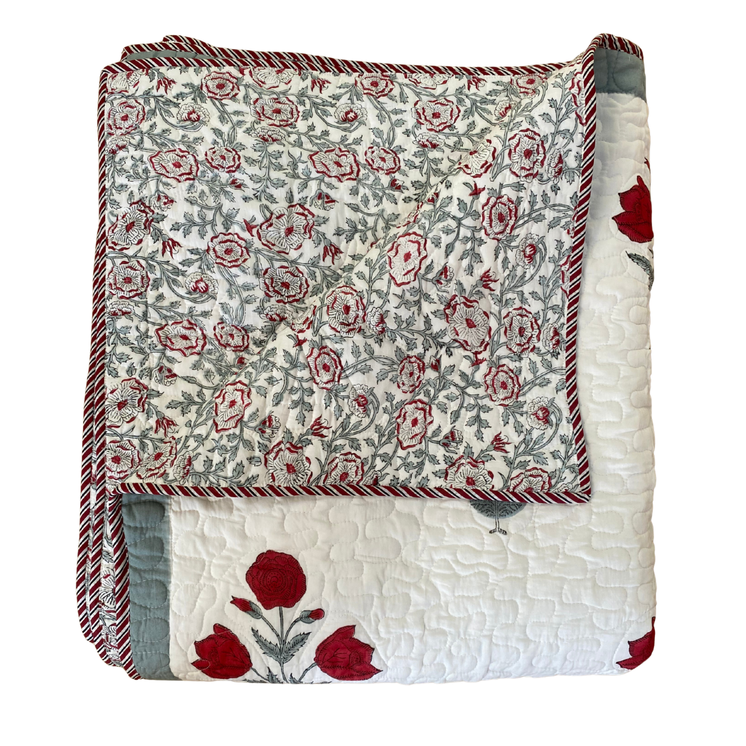 Quilted Bedspread with Red Rose and Stripe - Double