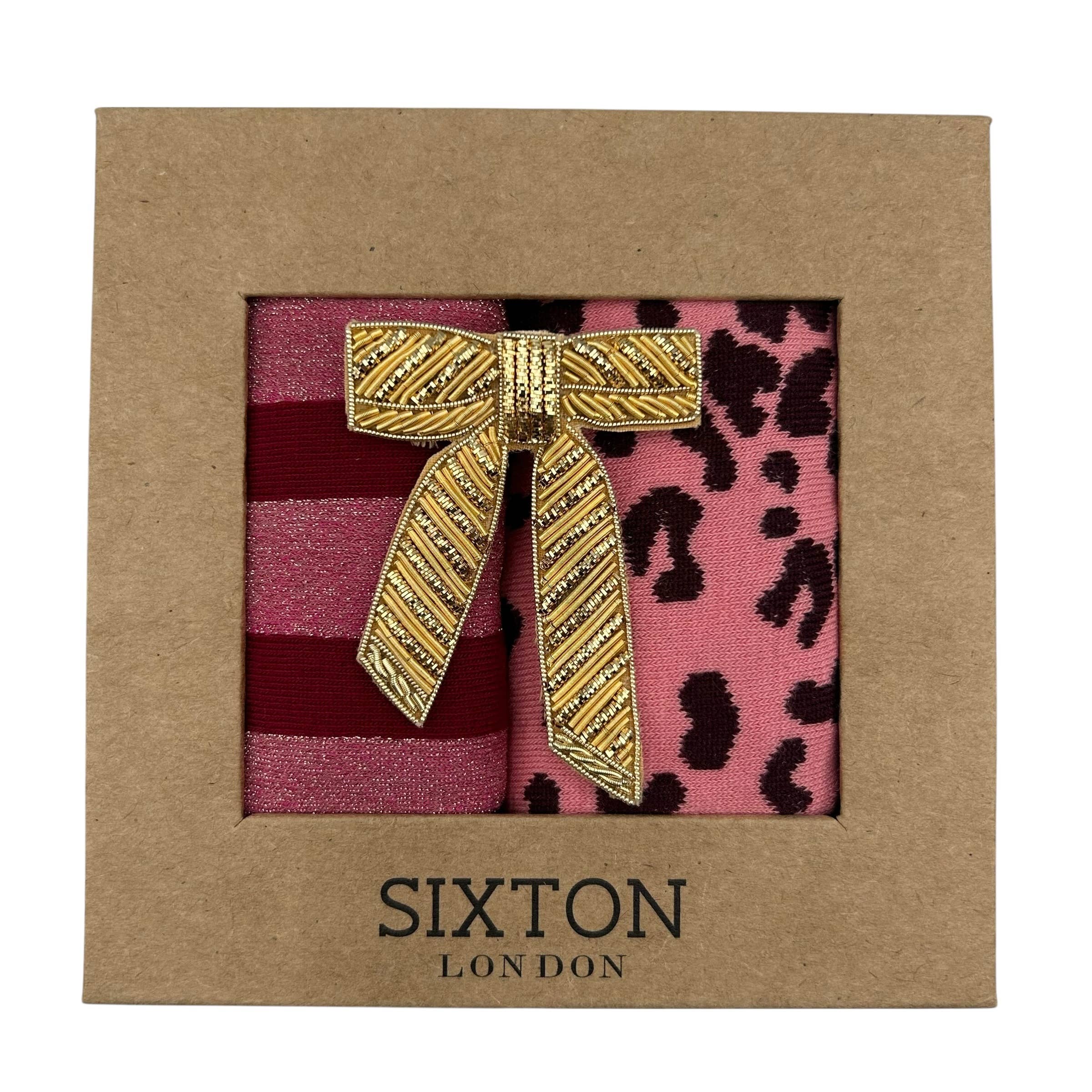 Red Berlin & Pink Leopard sock box duo with Gold Bow Pin