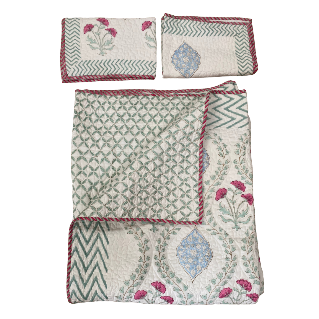 Red Poppy & Blue Teardrop Cotton Bedspread with Pillowcases - Double