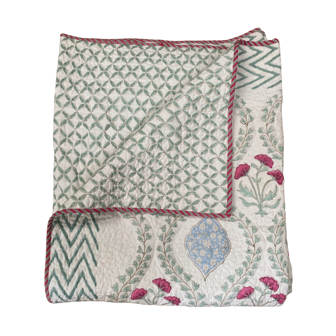 Red Poppy & Blue Teardrop Cotton Bedspread with Pillowcases - Double