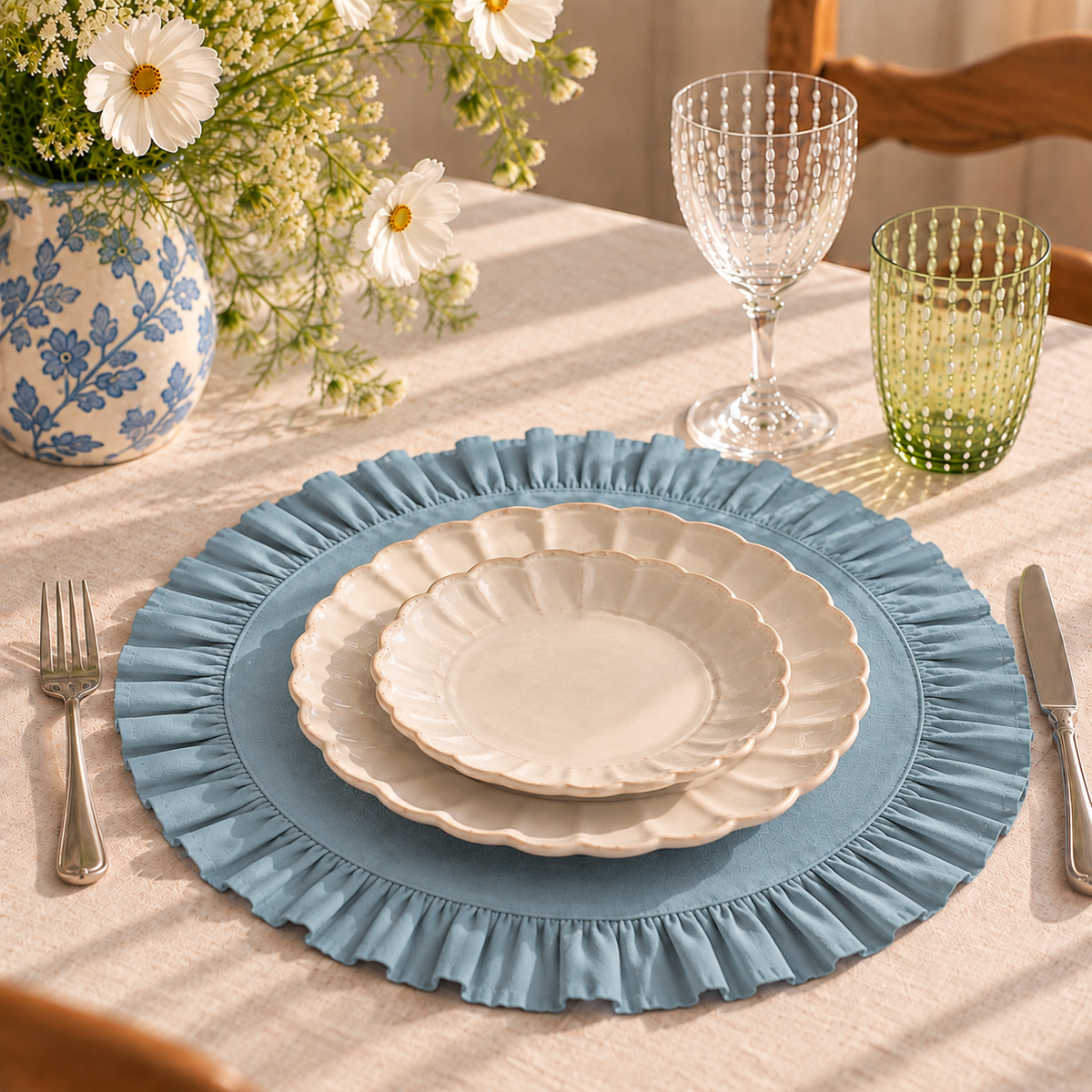 Ruffle Linen Placemats | Set of Four – Sky Blue