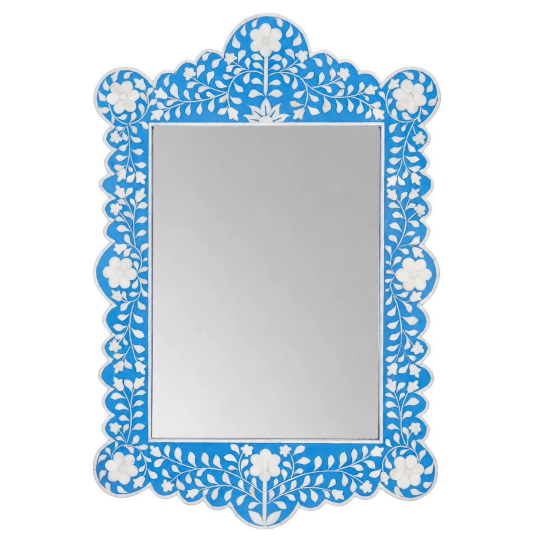 Scalloped Edge Blue Bone Inlay Large Rectangular Mirror