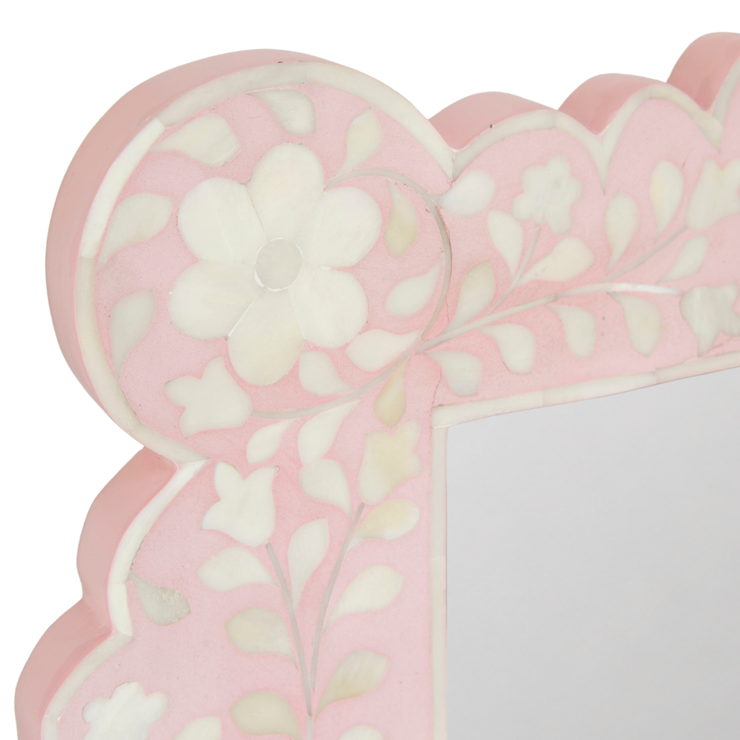 Scalloped Edge Pink Bone Inlay Large Rectangular Mirror