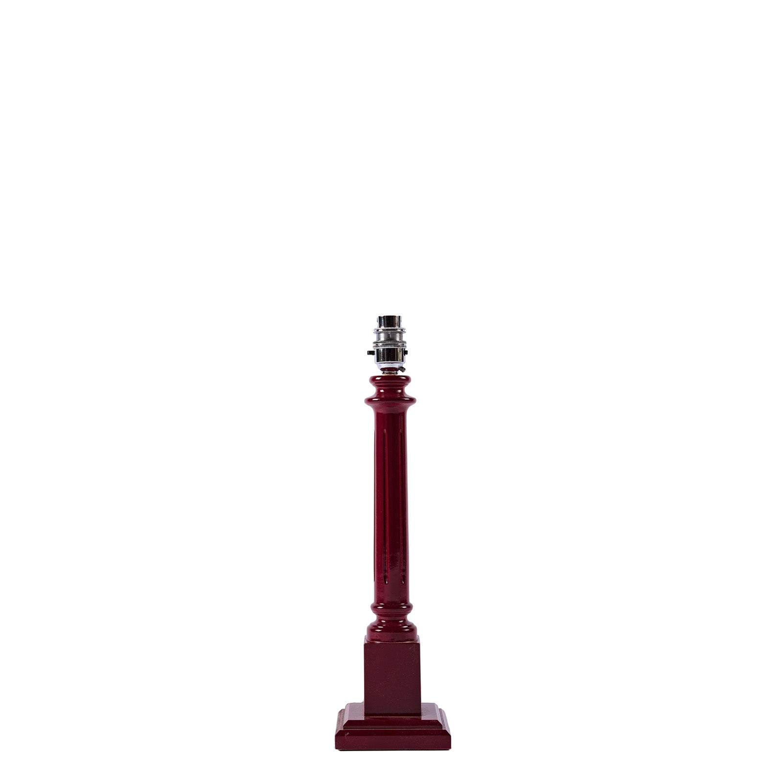 A wooden lamp base painted in a port or dark red color, with a high gloss lacquer finish, designed to support a lampshade.