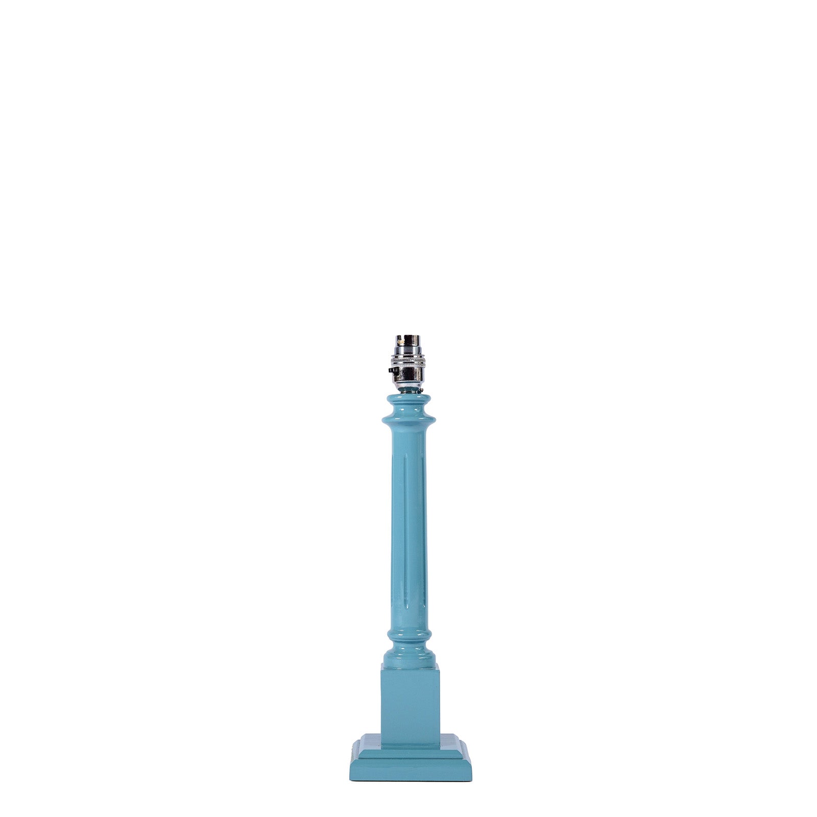 A sky blue, classic wooden lamp base with a high gloss lacquer paint finish, designed for use with a lampshade.