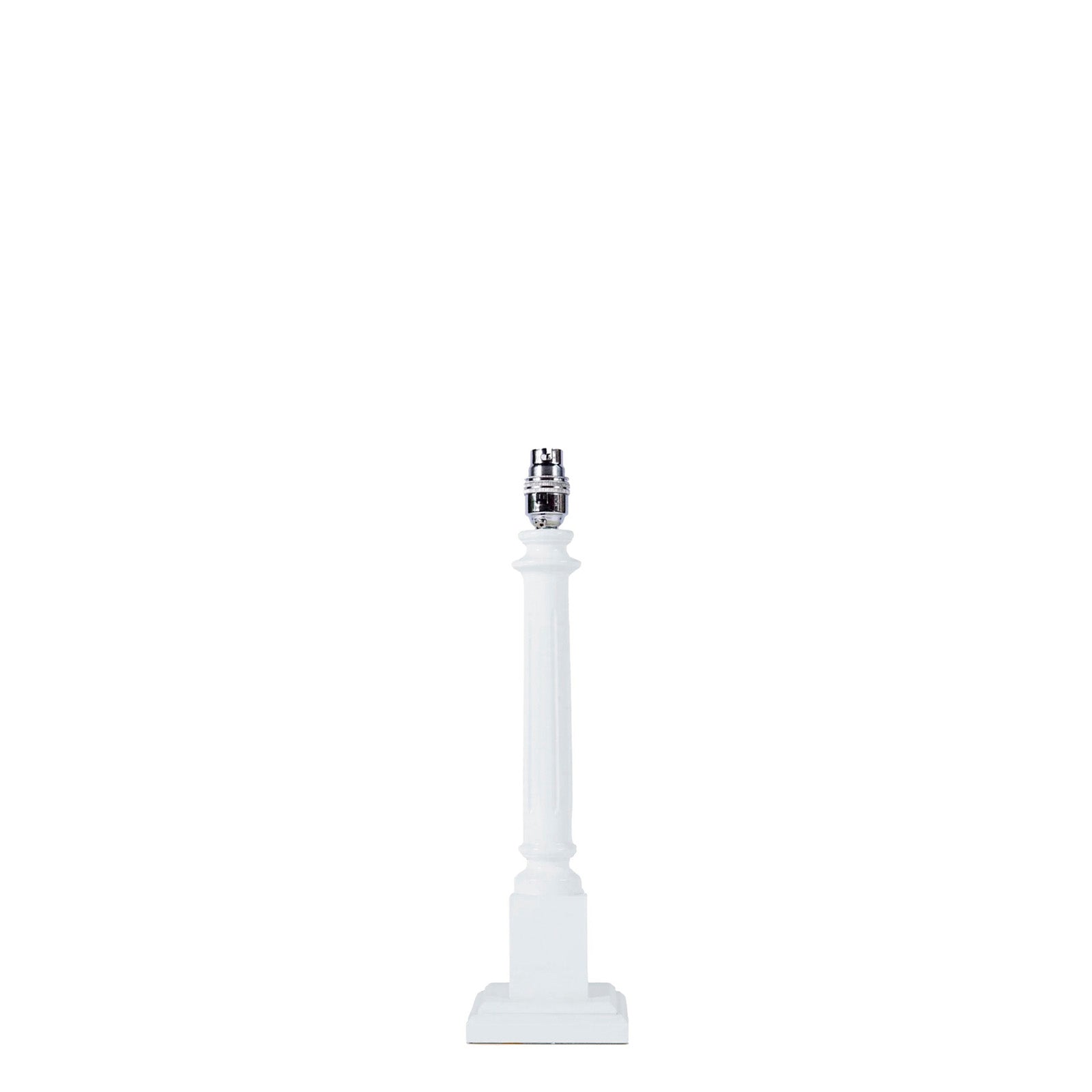 A white wooden lamp base with a high gloss lacquer paint finish, designed for use with a lampshade.