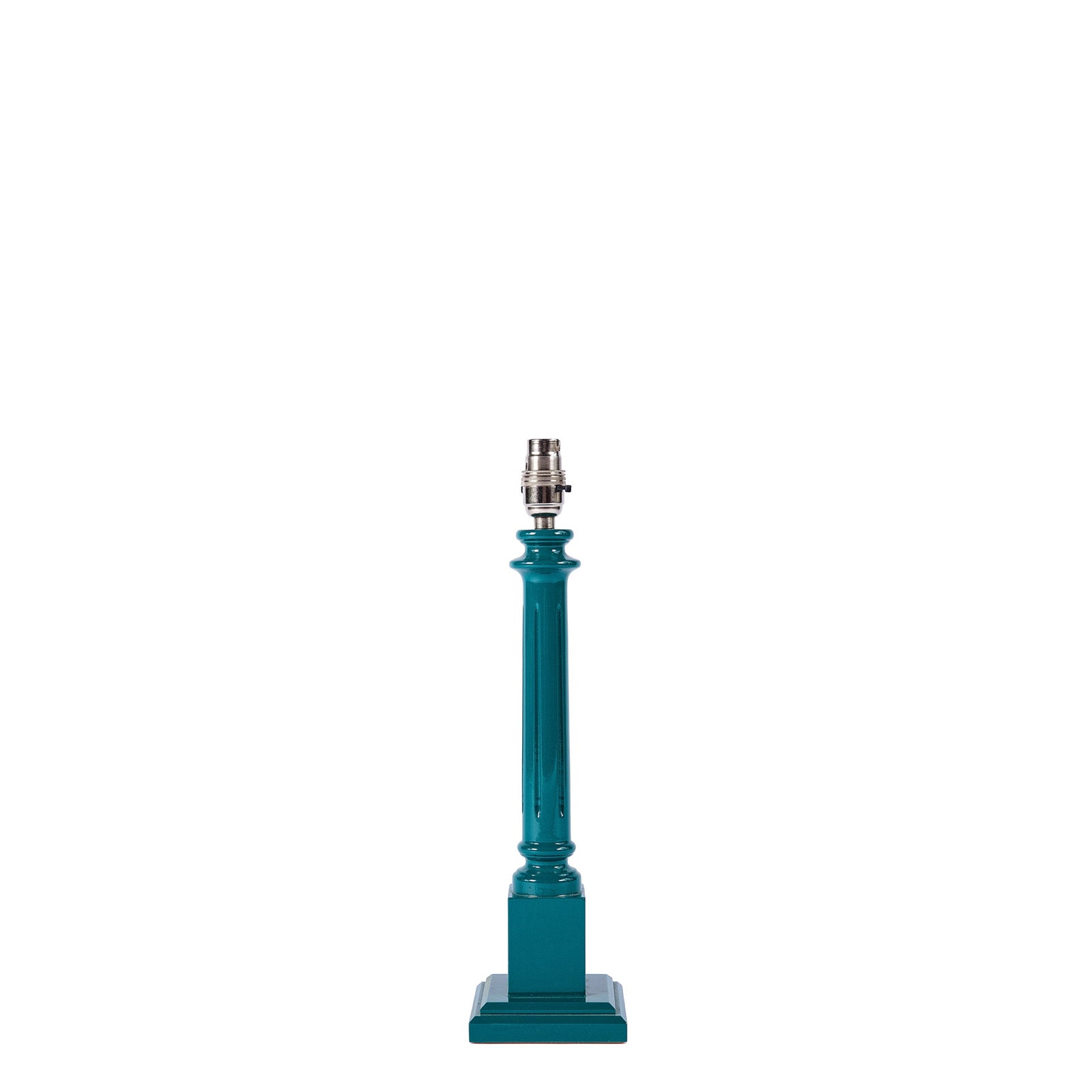 A teal wooden lamp base with a high gloss lacquer paint finish, designed for use with a lampshade.