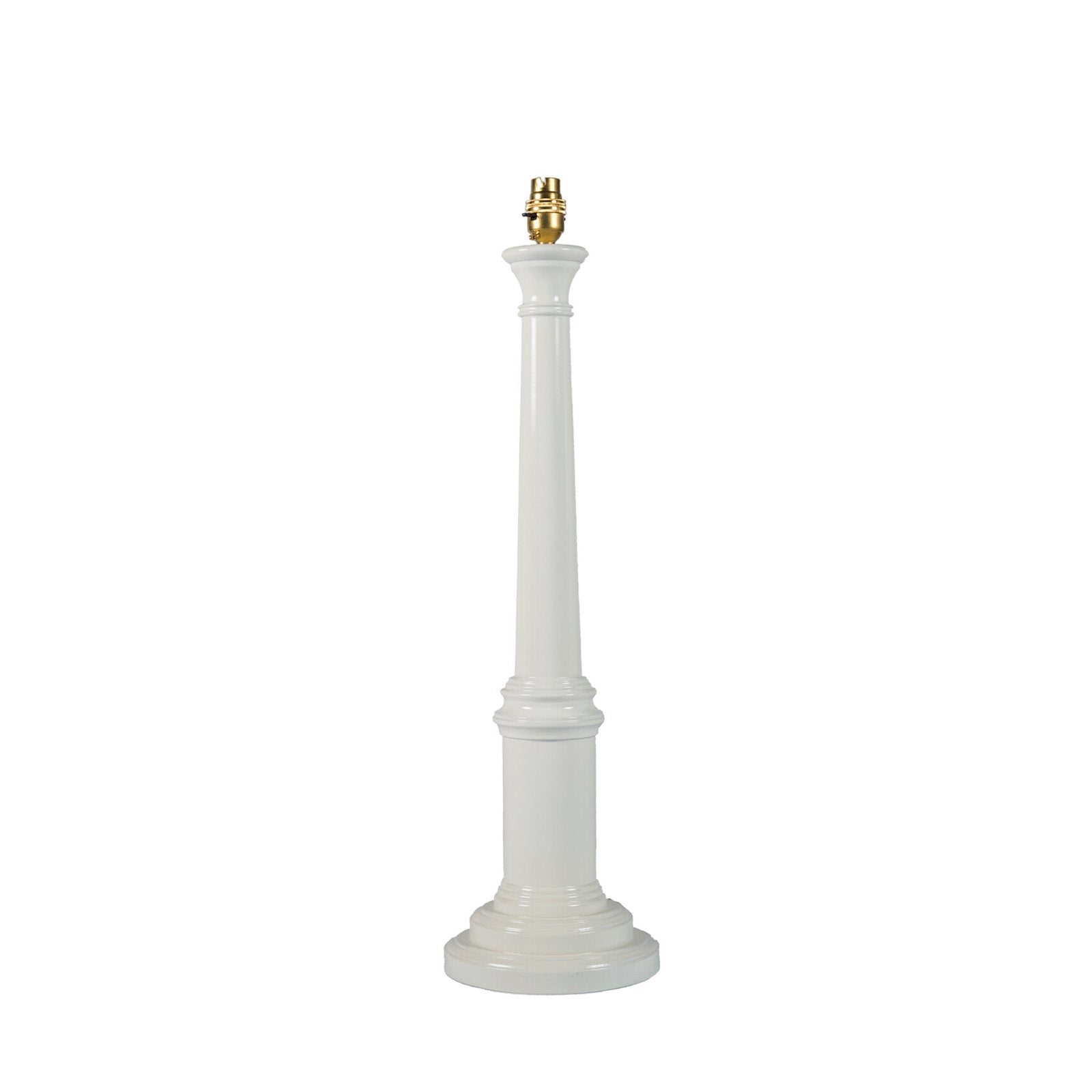 A white wooden lamp base with a high gloss lacquer finish, designed for use with a lampshade.