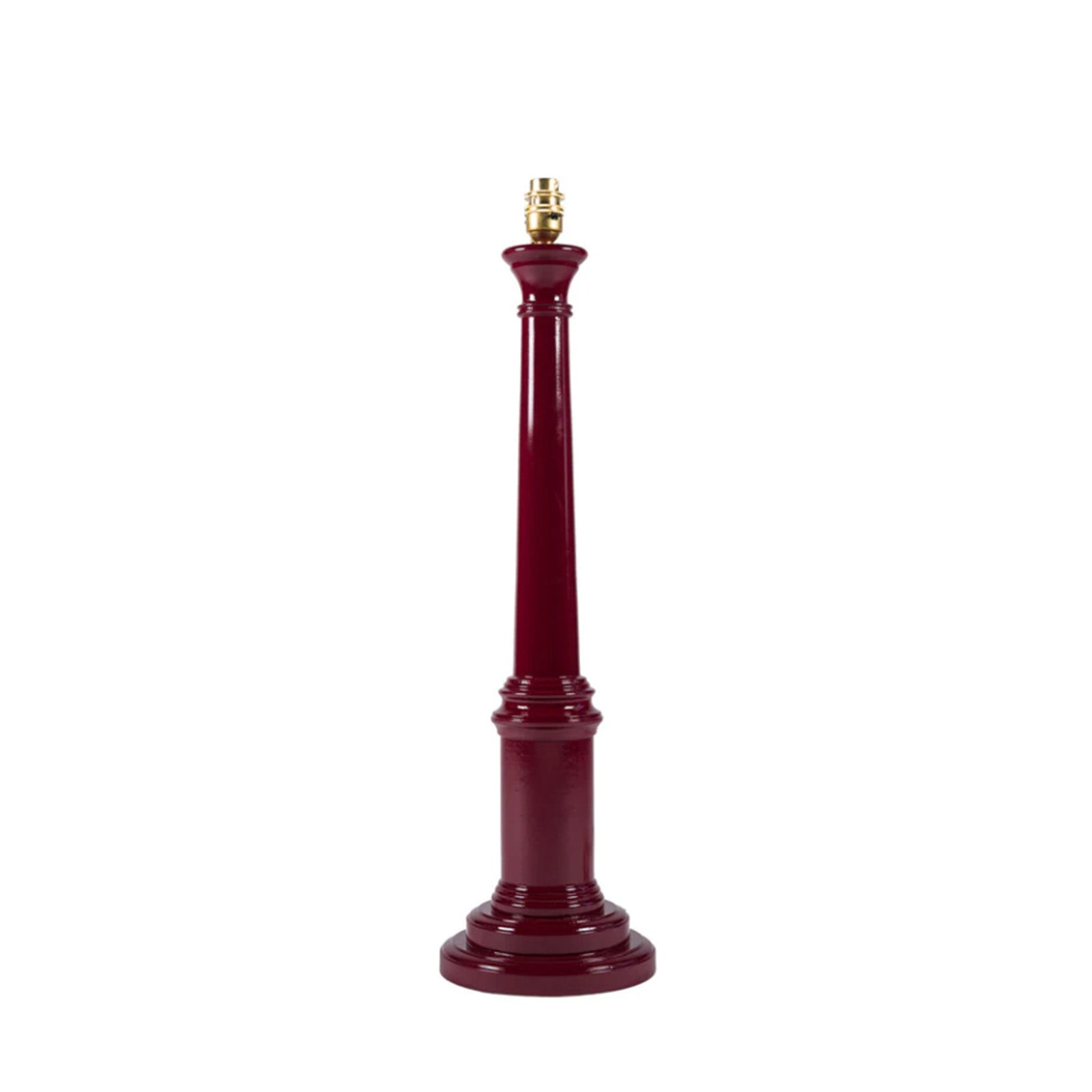 A port red wooden lamp base with a high gloss lacquer paint finish, designed for use with lampshades.