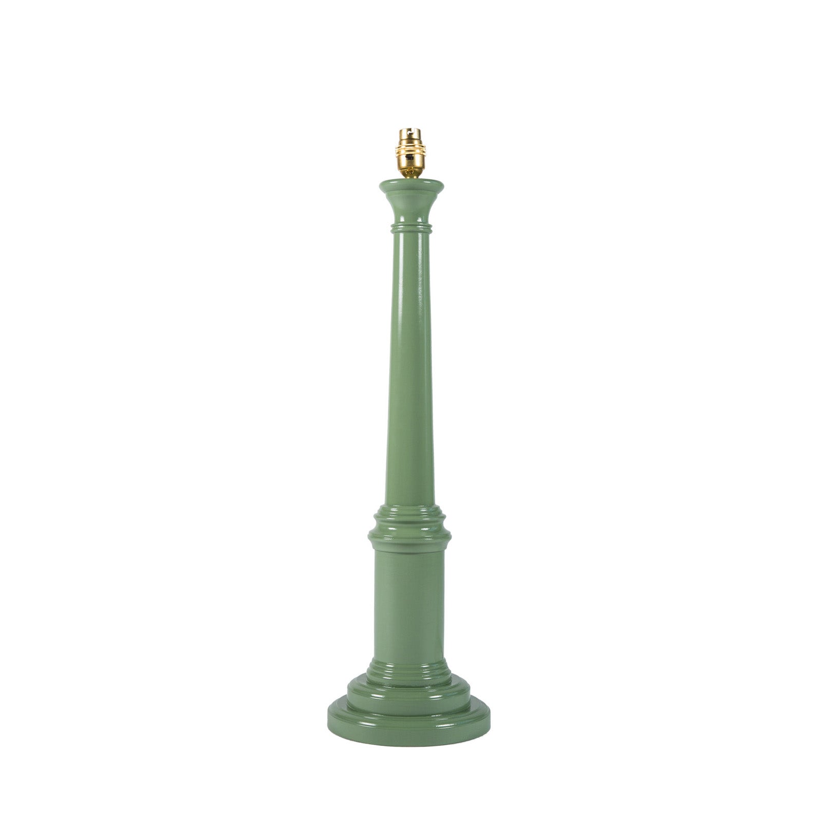 A green wooden lamp base with a high gloss lacquer paint finish, designed for use with lampshades.