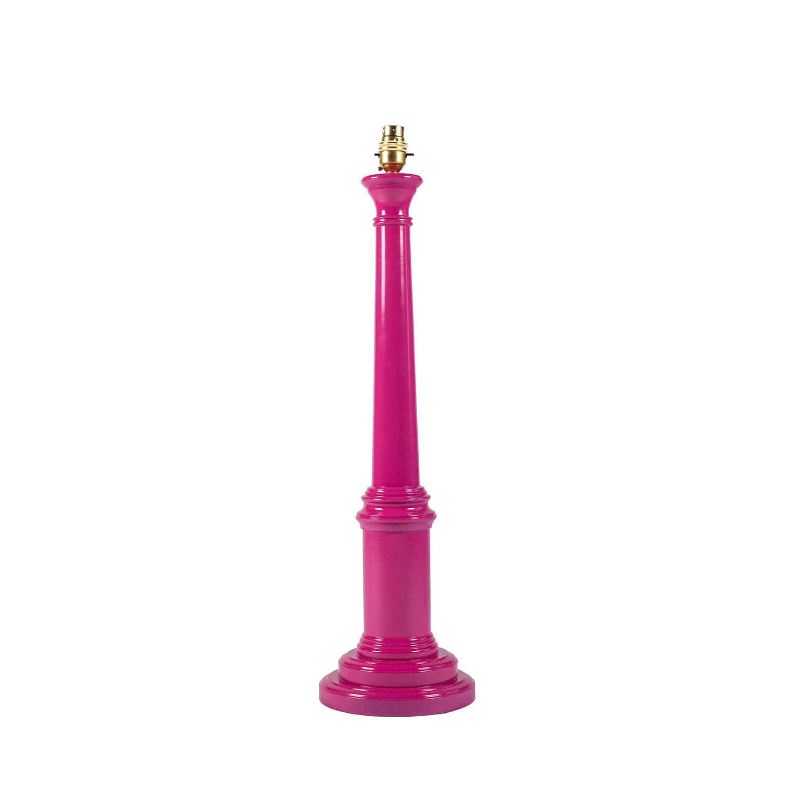 A fuchsia-colored wooden lamp base with a high gloss lacquer paint finish, designed for use with a lampshade.