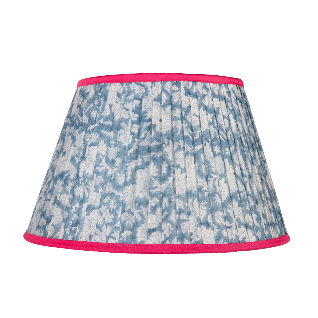 Soft Blue Floral Lampshade with Fuchsia Pink Trim