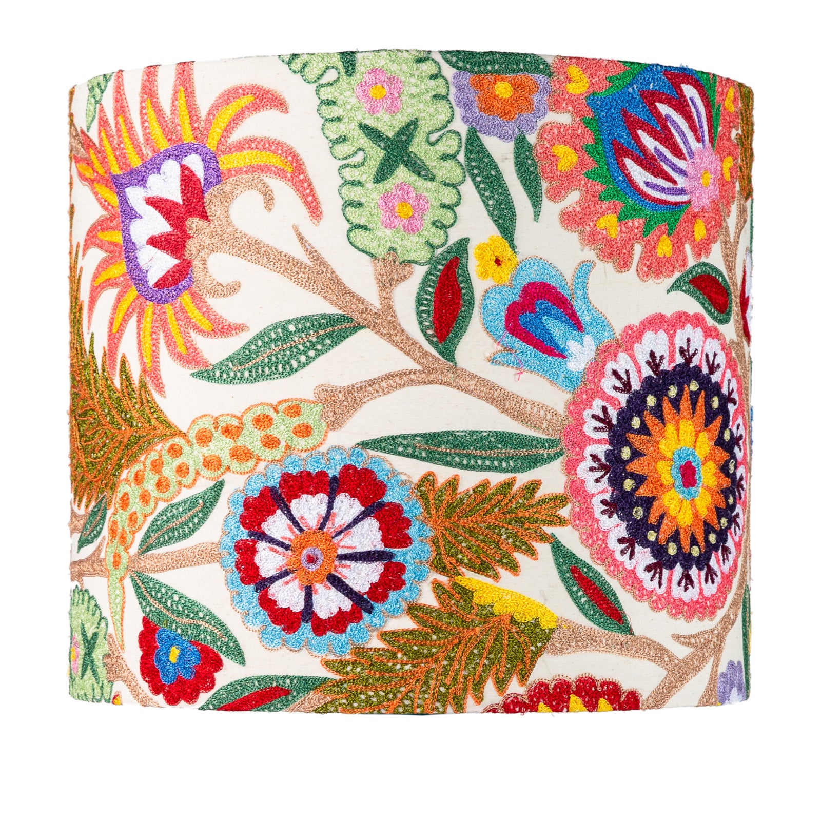 A multicolored floral patterned lampshade made from suzani embroidered fabric.
