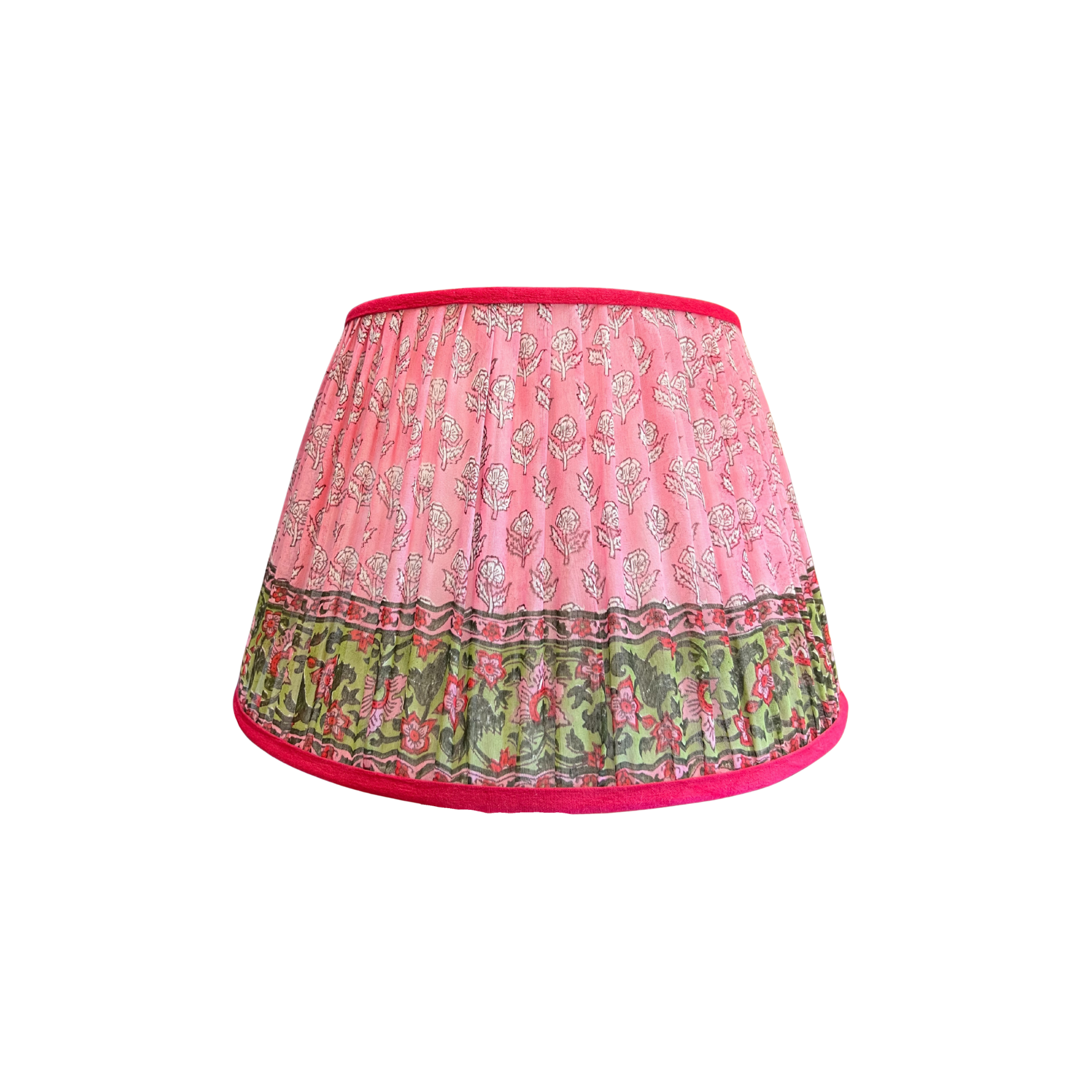 Artisan Sari Shade 14” pink and green floral, dark pink trim