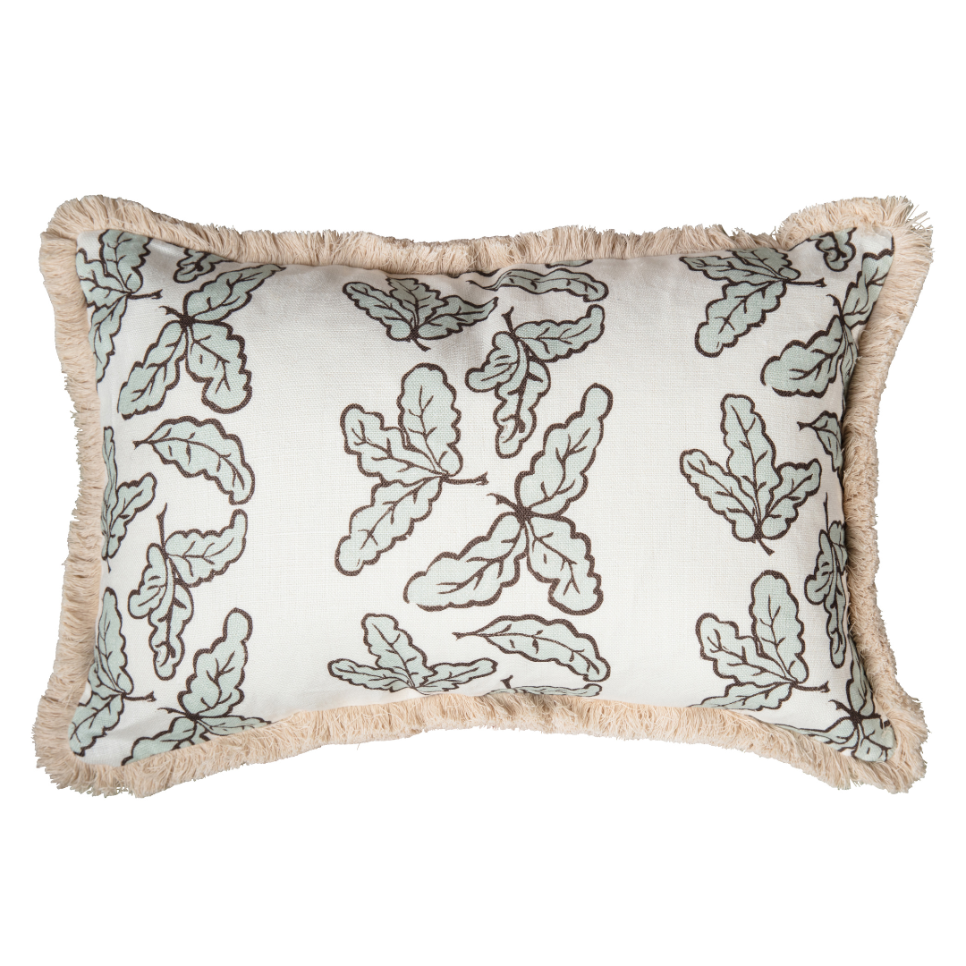 Oak Leaf Lumbar Cushion - Sky Blue with Cream Fringe