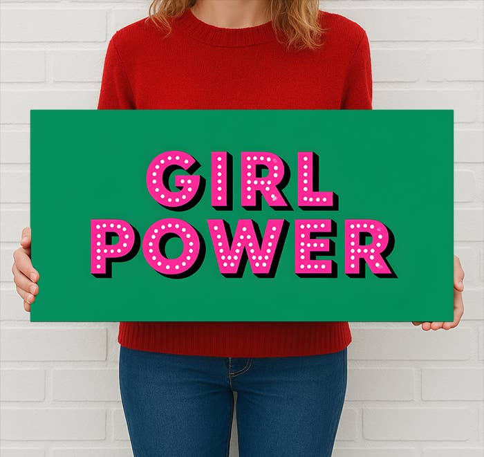 Girl Power Metal Sign – Bold Feminist Pink Retro Wall Art: 16x8inch