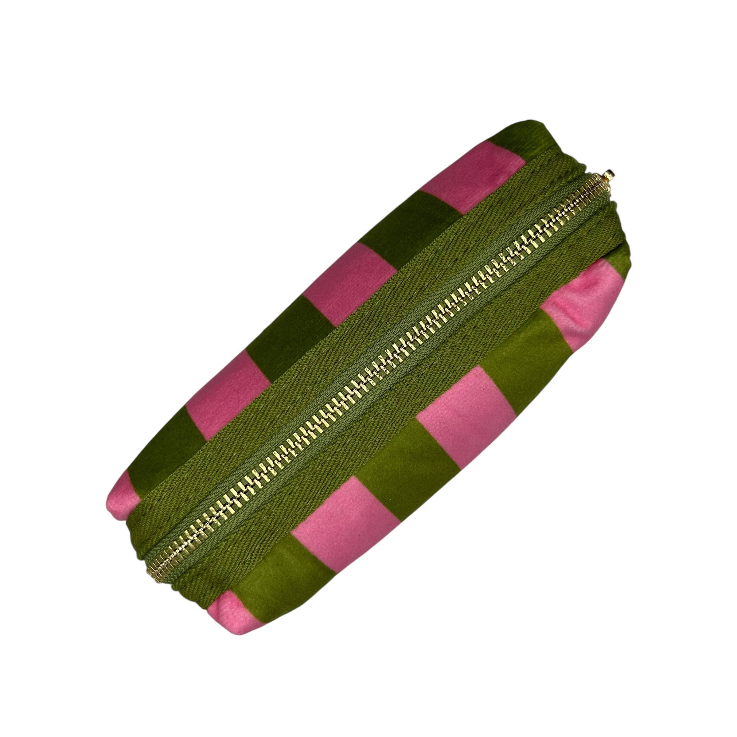 Chartreuse stripe makeup bag & Tiger Head Brooch