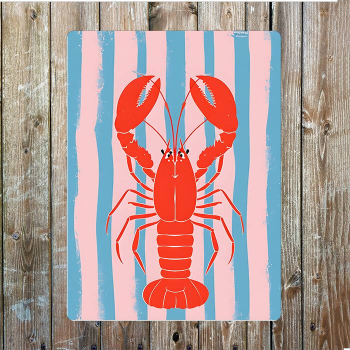 Lobster Against Pink And Blue Kitchen Metal Sign Plaque: 6x8inch