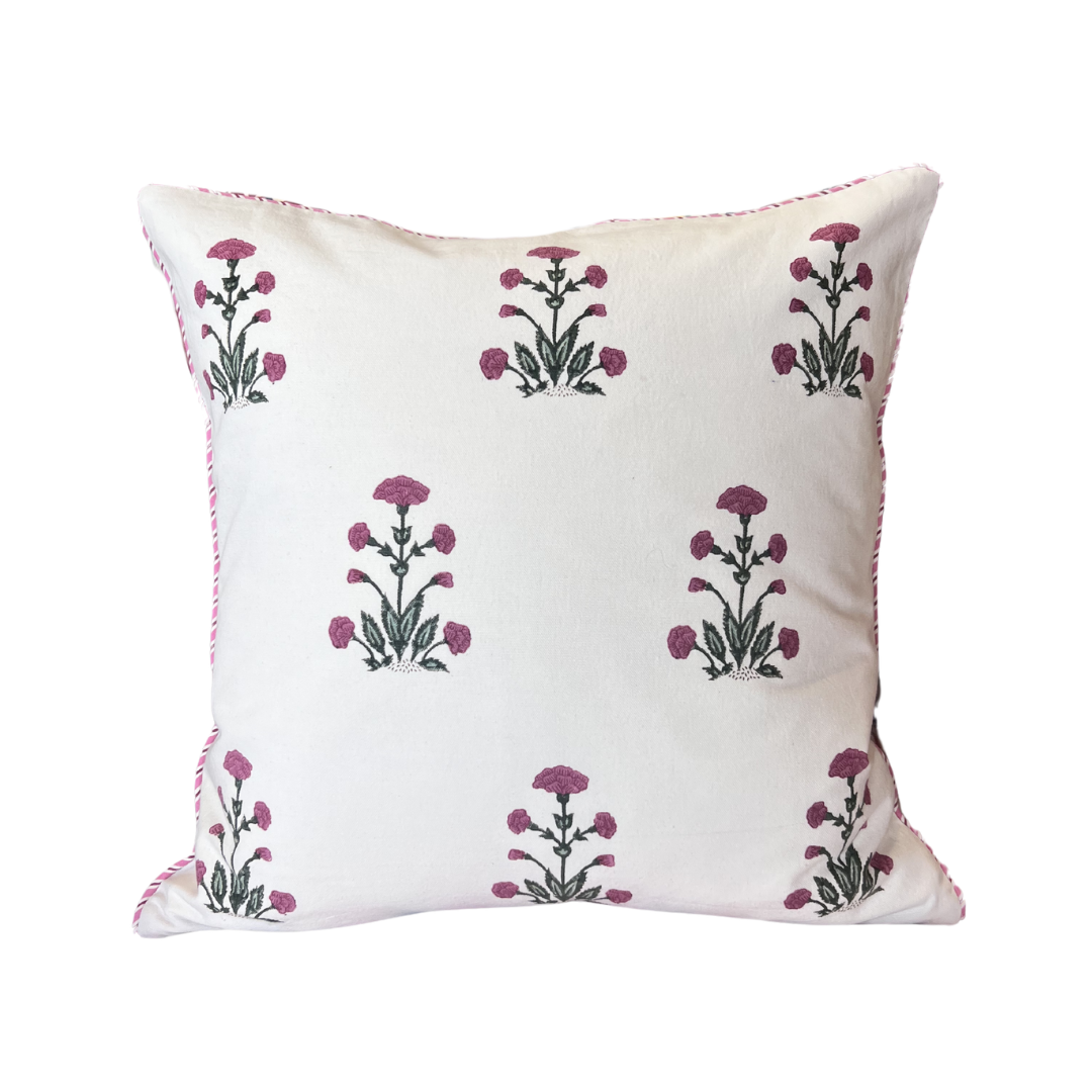 Linen Cushion | Deep Pink Floral Clusters with Pink & Red Piping