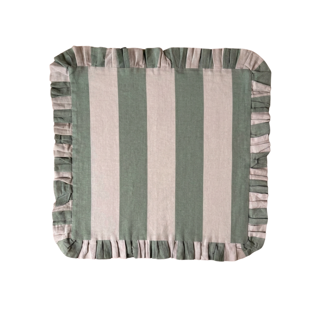 Linen Ruffle Cushion Cover - Sage and Beige