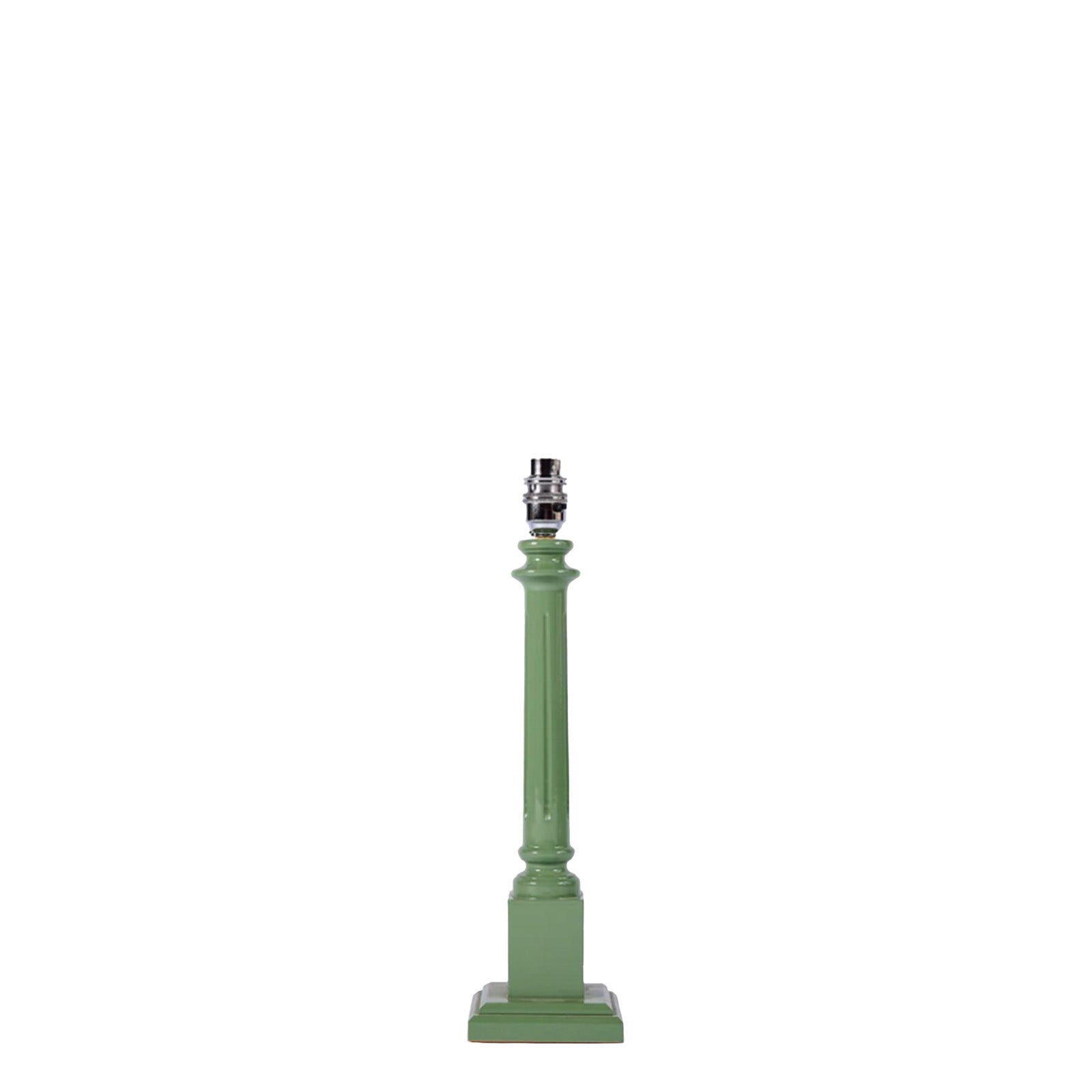 A green wooden lamp base with a high gloss lacquer finish, designed to support a lampshade.