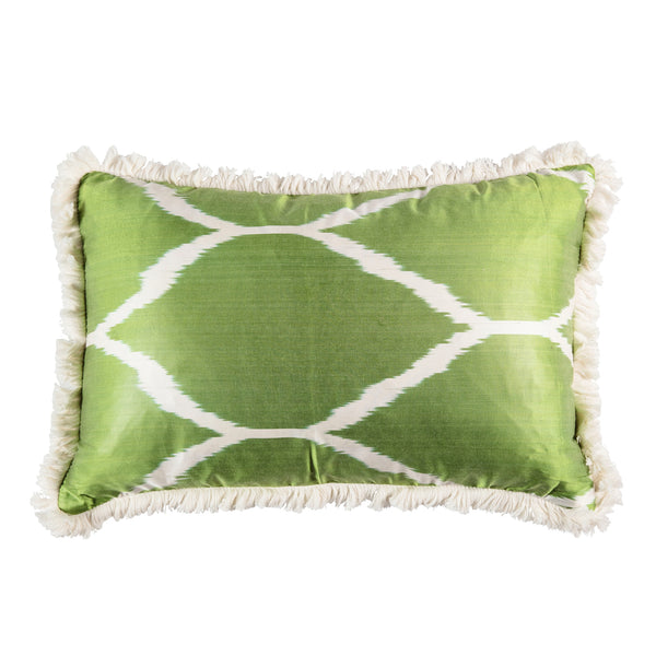Limited Edition green and white ikat lumbar cushion with fringe