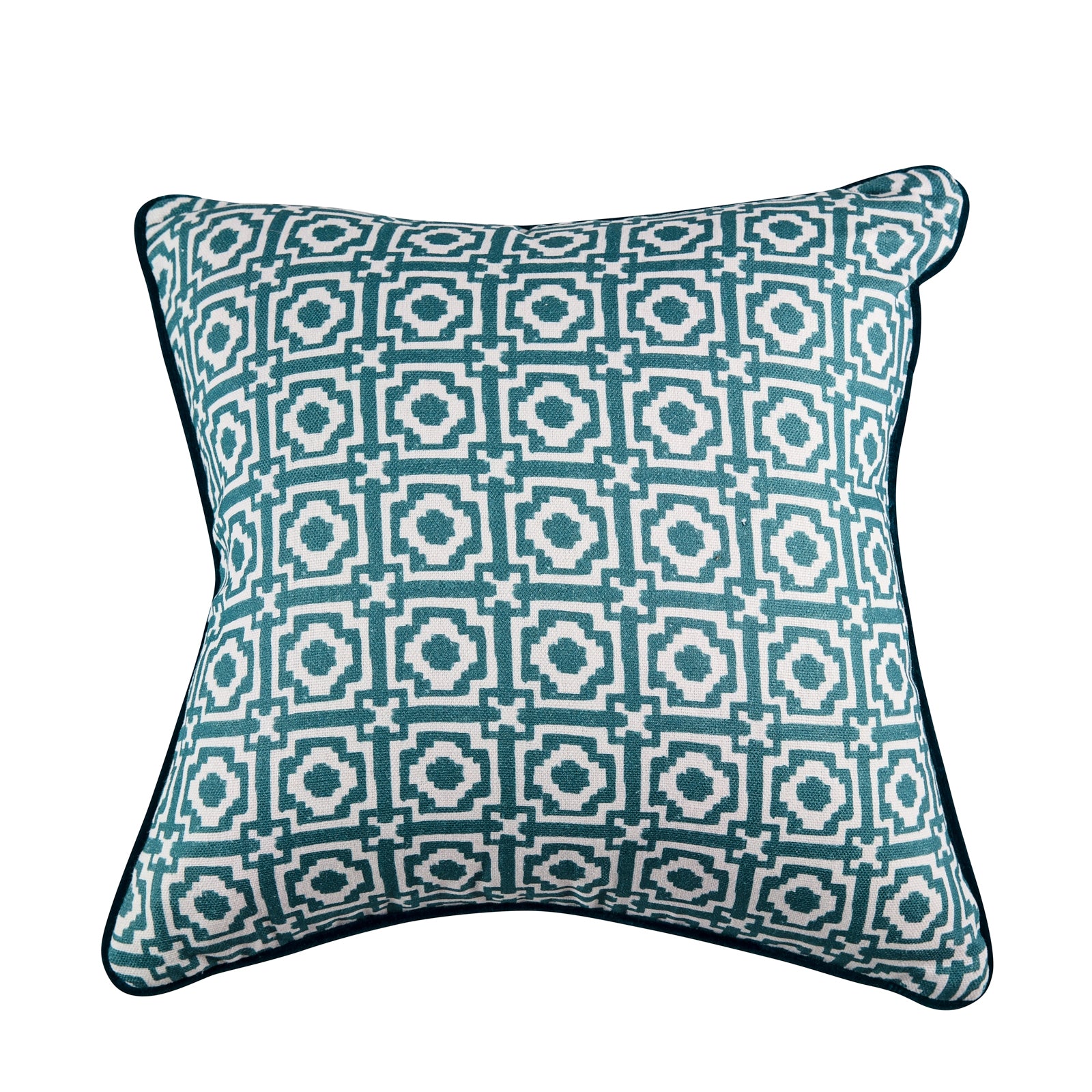 A square-shaped cushion with a geometric pattern in teal color, piped with contrasting fabric, and backed with a velvet fabric in the same teal color.