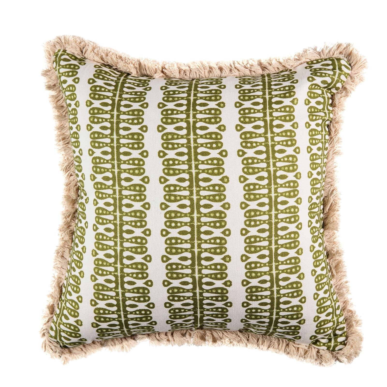 A square-shaped cushion with a geometric pattern in green and white colors, featuring a peridot velvet back and cream fringe.