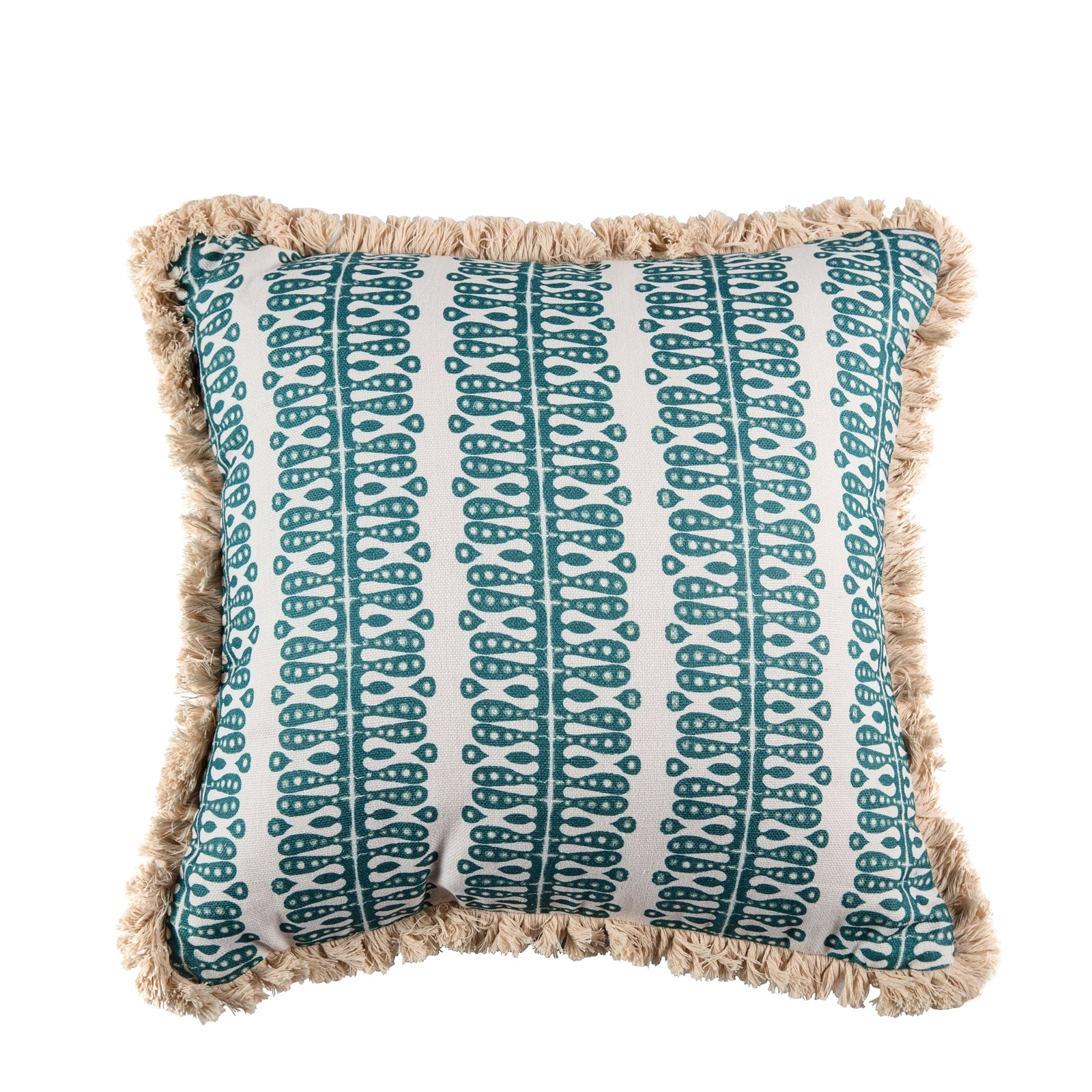 A square-shaped cushion with a teal geometric pattern and a velvet back, featuring a cream fringe.