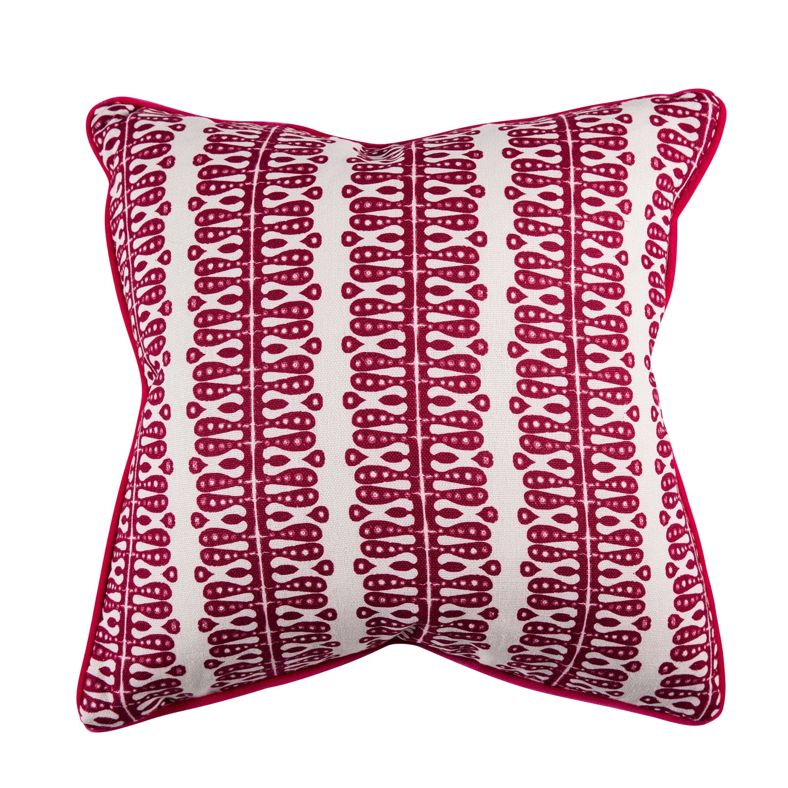 A square-shaped cushion with a geometric pattern in raspberry color, piped with a contrasting design, and backed with a solid raspberry velvet fabric.