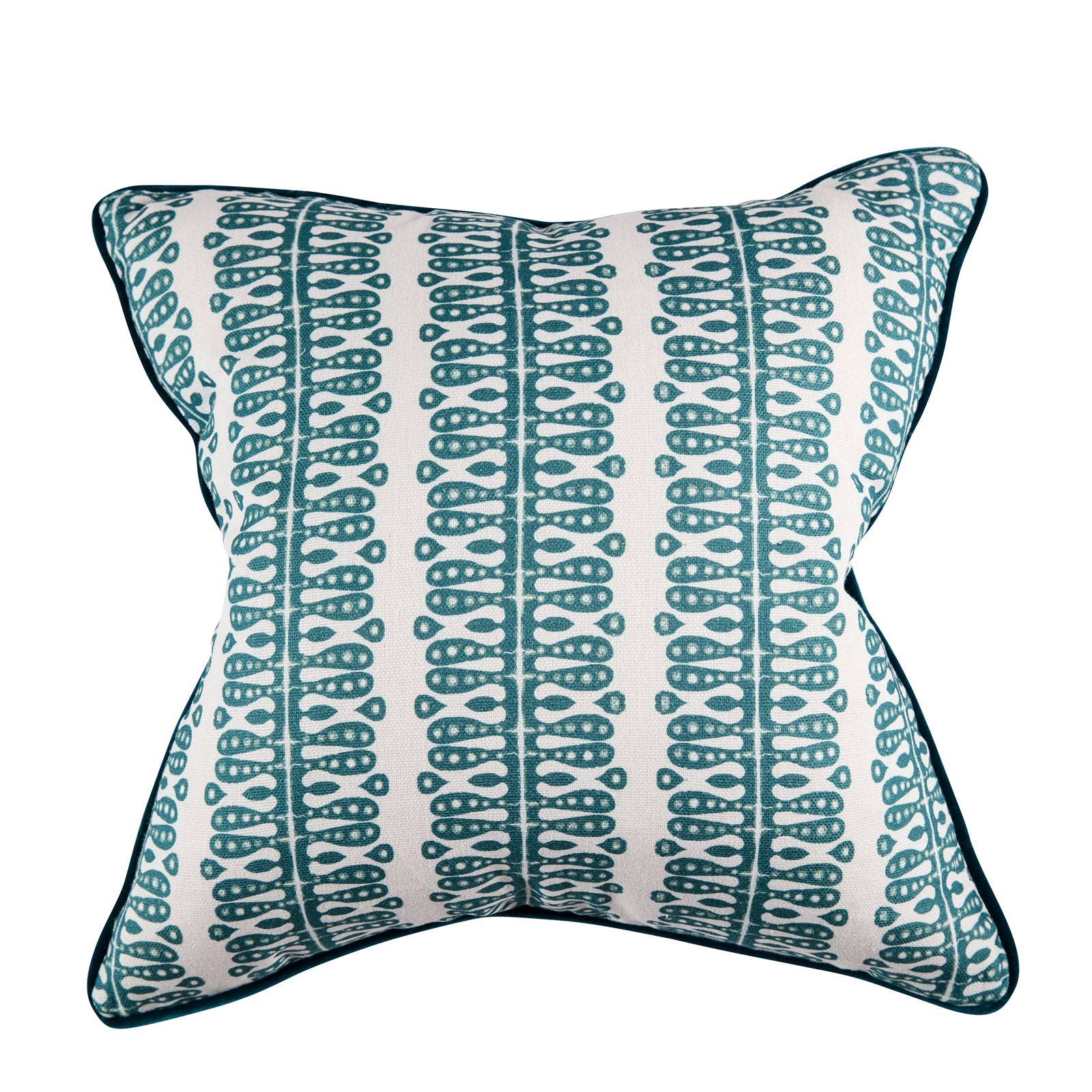 A square-shaped cushion with a geometric pattern in teal color, piped with contrasting fabric, and backed with a velvet fabric.