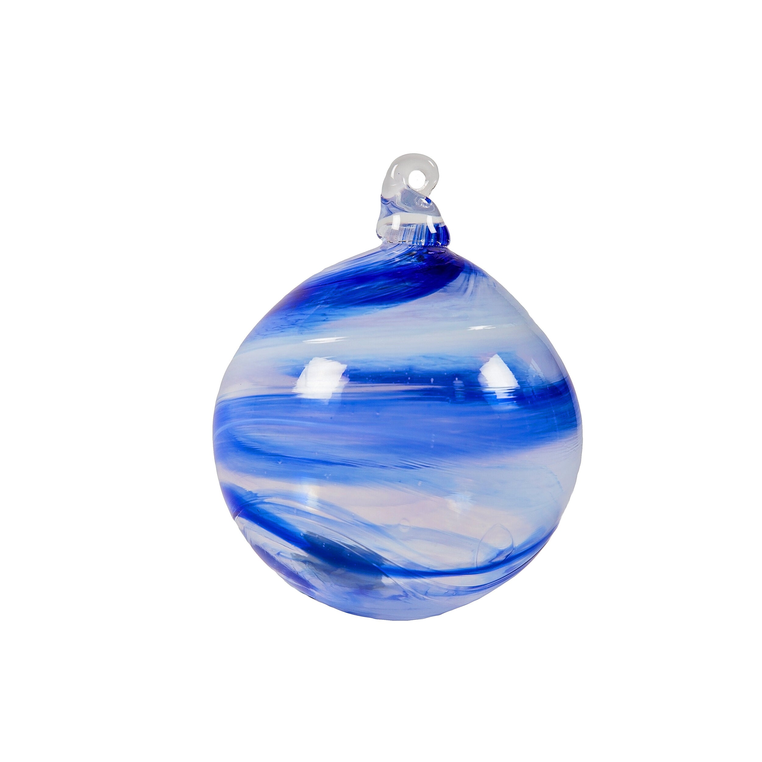 Hand blown glass bauble - cornflower and swirling snow