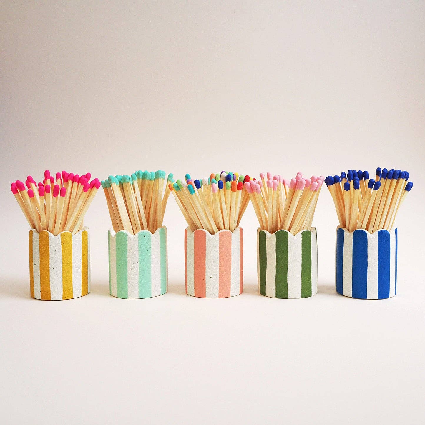 Stripy Match Stick Holders - Choose Your Colours: Mid Green / Peach Stripe