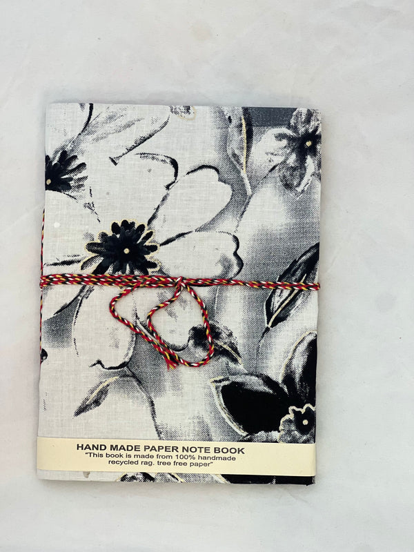 Hand Made Paper Notebook White, Black and Silver Flowers