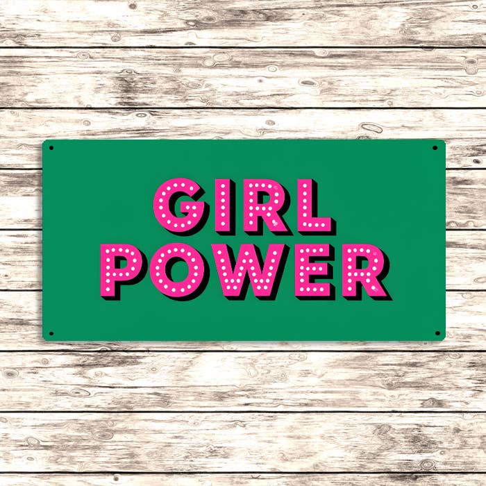 Girl Power Metal Sign – Bold Feminist Pink Retro Wall Art: 16x8inch