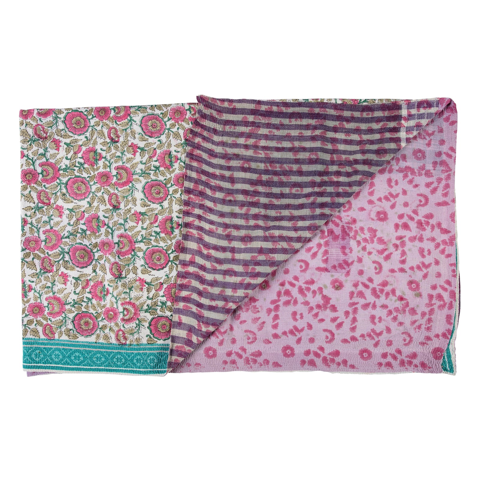 Kantha Block Printed Pink Flower with Green Turquoise Boarder
