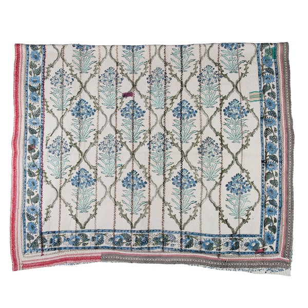 Kantha Block Printed Blue Flower Print with Red Boarder