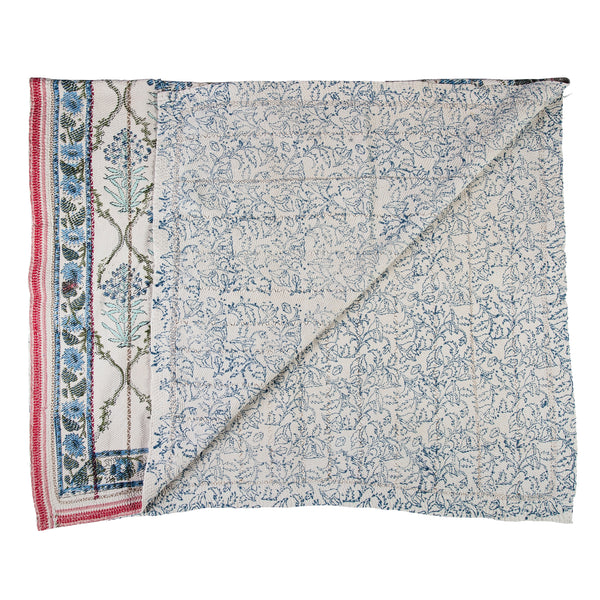 Kantha Block Printed Blue Flower Print with Red Boarder