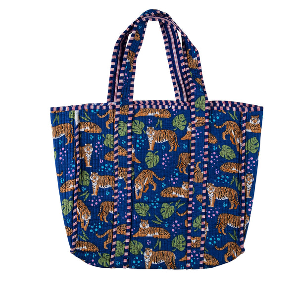 Blue Tiger and Leaf - Quilted Cotton Bag