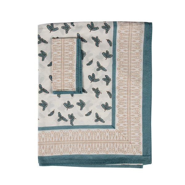 Teal Little Oak Leaf Tablecloth with Putty Border