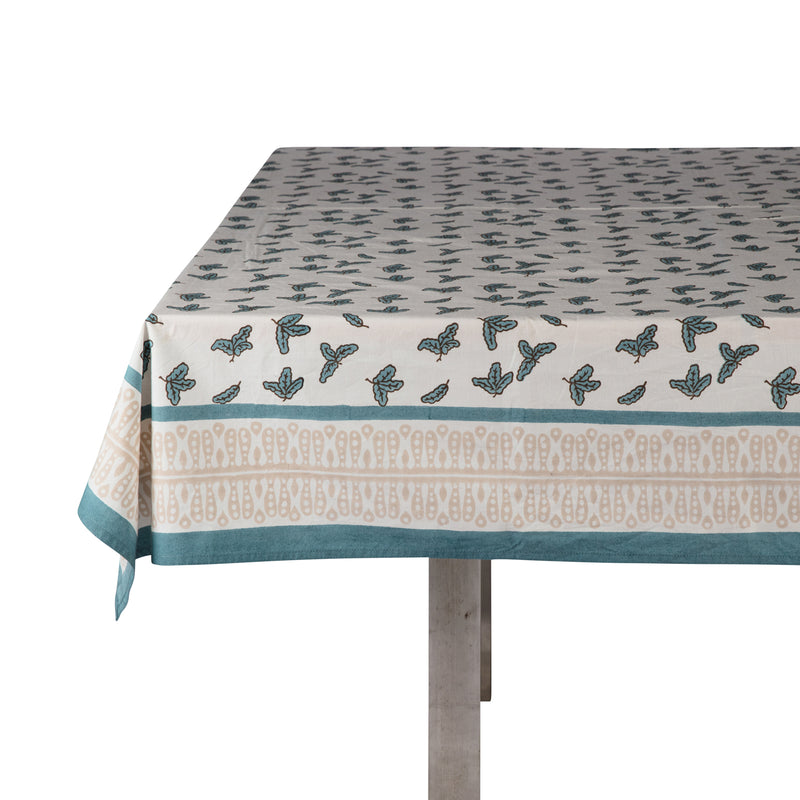 Teal Little Oak Leaf Tablecloth with Putty Border