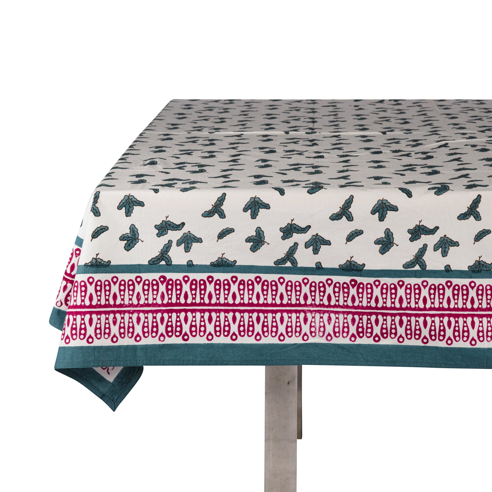 Teal Little Oak Leaf Tablecloth with Pink Border