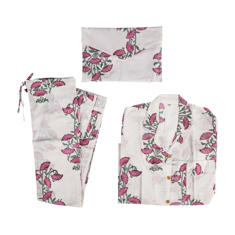 Cotton Pyjamas - Kelling Home Pink and Red Long Stem Flower