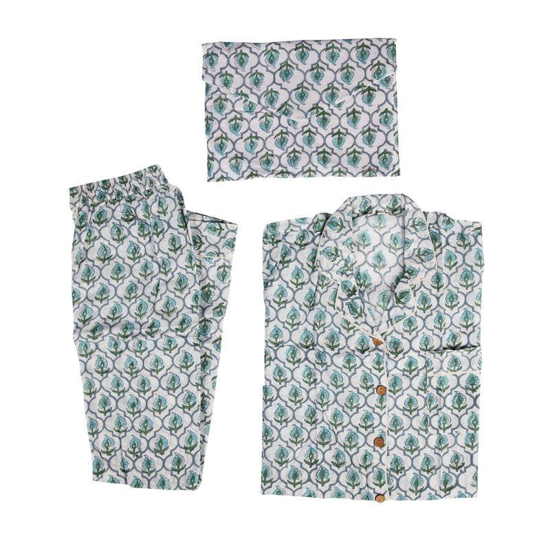 Cotton Pyjamas - Kelling Home Blue Flower Grey Pattern