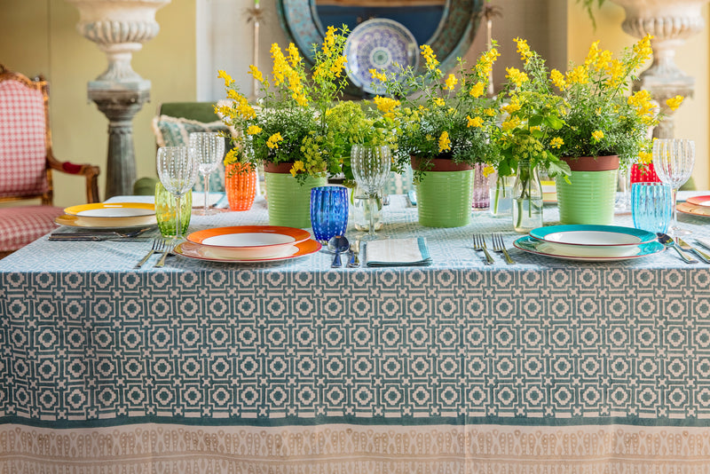 Teal Alotablot Tablecloth with Putty Border