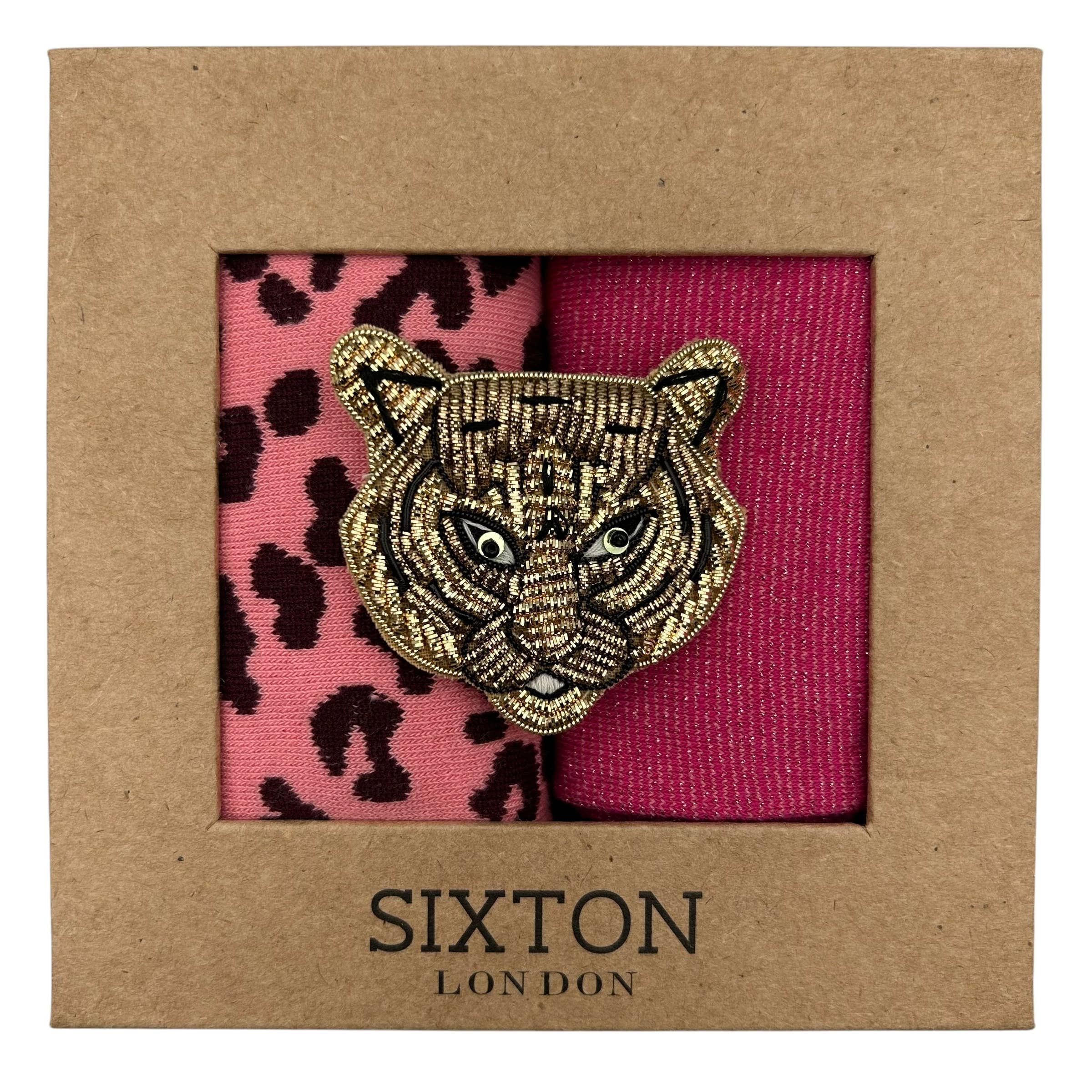 Bright Pink Tokyo & Leopard sock box duo with Tiger Head