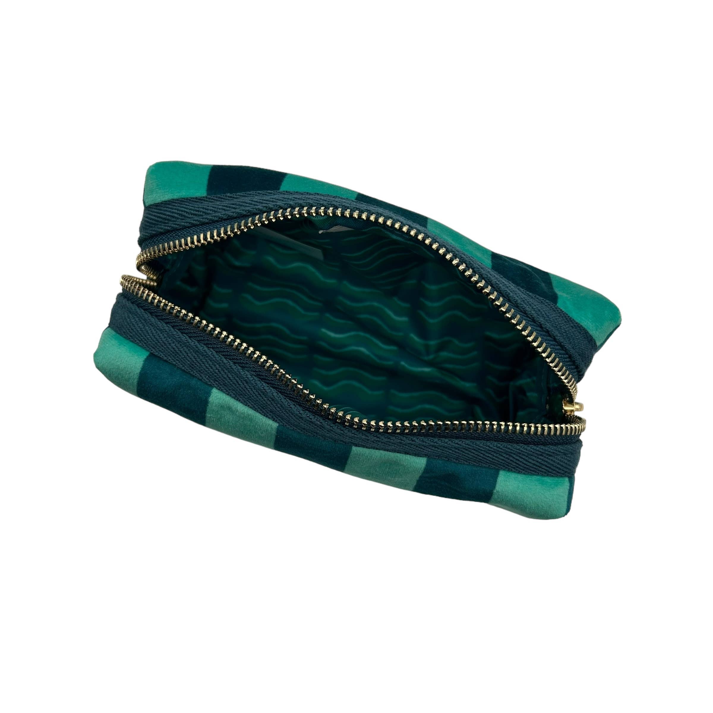 Teal stripe makeup bag & Bow brooch