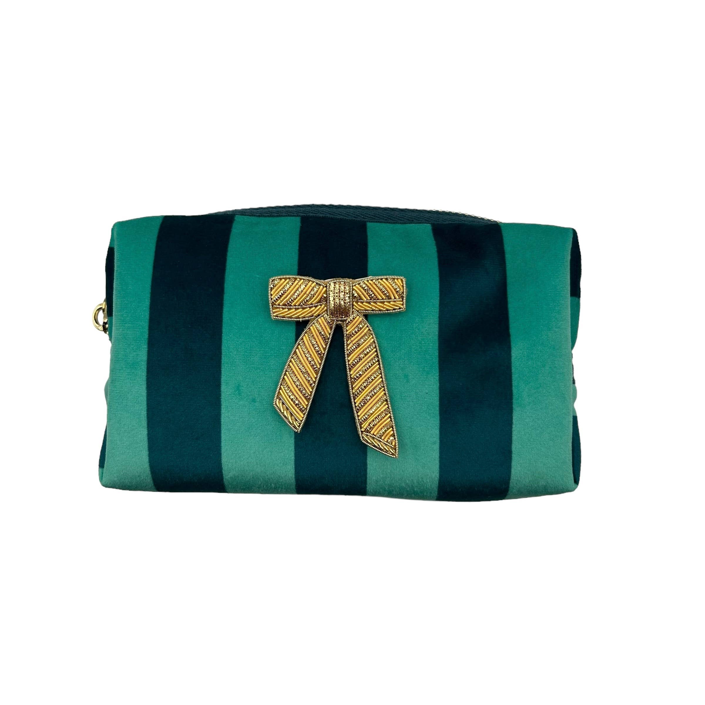 Teal stripe makeup bag & Bow brooch