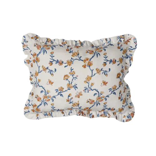 Cherry Blossom Block Printed Ruffled Cushion Cover