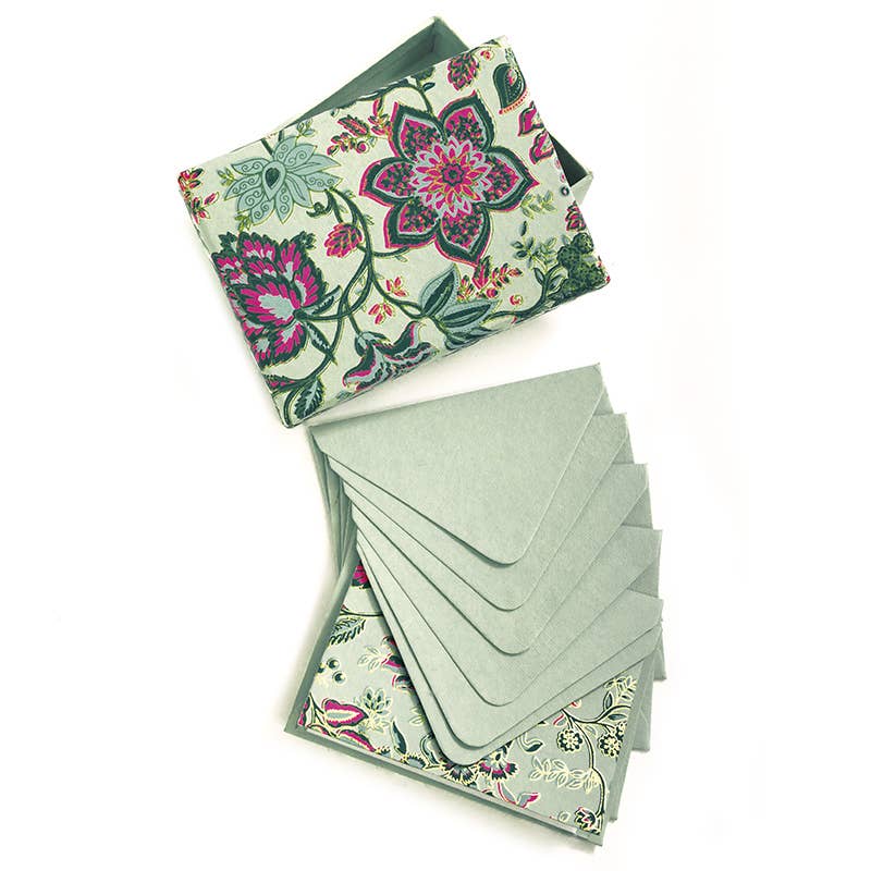 Handmade Green Floral Note Card Set In A Keepsake Box
